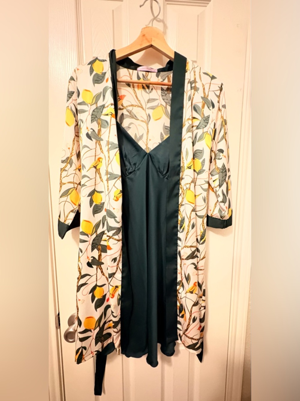 Floral Lemon Print Satin Robe with Dark Green Slip - Women’s Intimates